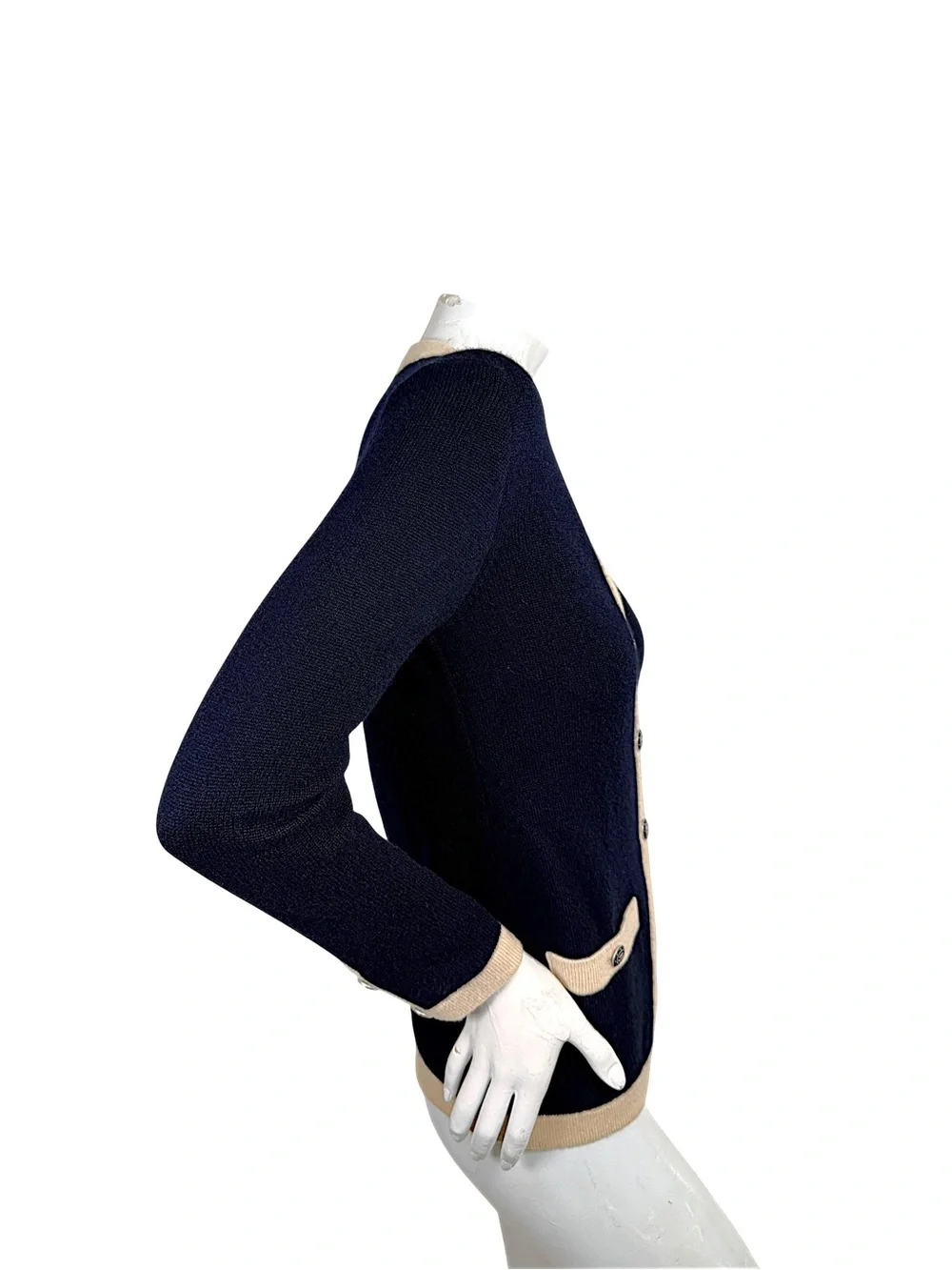 Vintage 90s Chanel Navy Ecru Cashmere CC Cardigan
